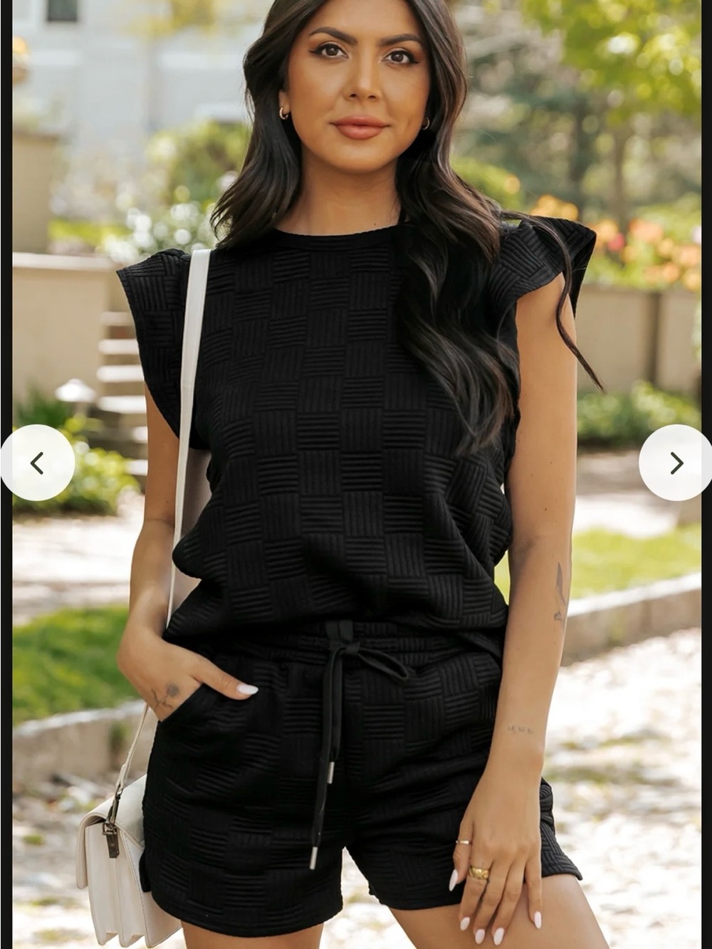 Women’s  Textured Short Sleeve Top and Drawstring Shorts Set - Black